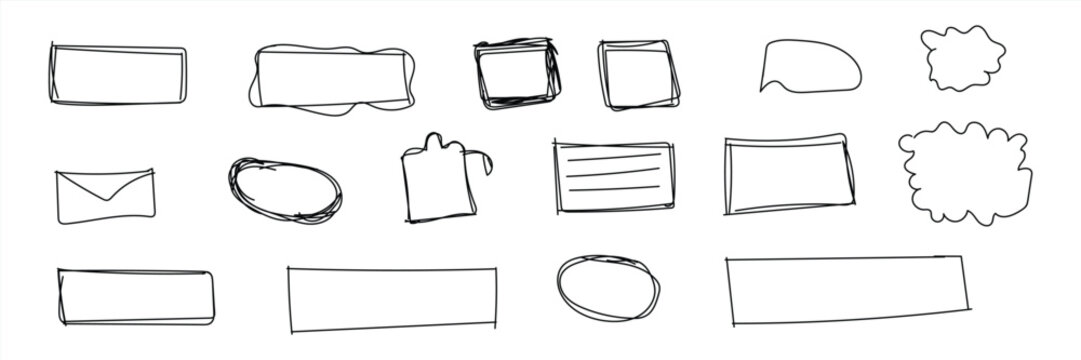 Set of hand drawn doodle speech bubbles, frames, and banners
