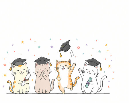 Cute Graduation Cats with Caps and Diplomas, Pastel Celebration Illustration with Copy Space