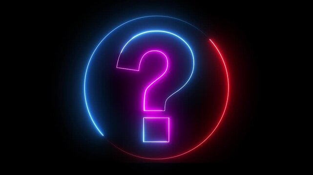 Glowing neon red pink and blue color question mark sign icon animation quiz confusion mark punctuation interrogative sign education exam circle alphabet sign symbol on black background	