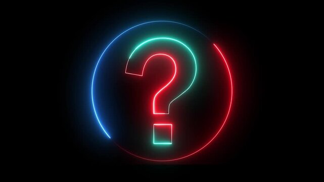 Glowing neon red cyan and blue color question mark sign icon animation quiz confusion mark punctuation interrogative sign education exam circle alphabet sign symbol on black background	