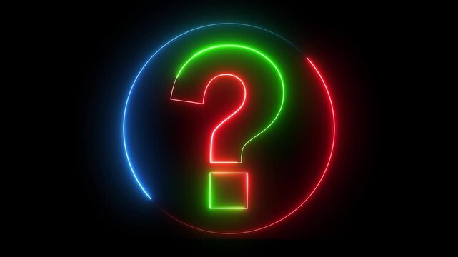 Glowing neon red green and blue color question mark sign icon animation quiz confusion mark punctuation interrogative sign education exam circle alphabet sign symbol on black background	