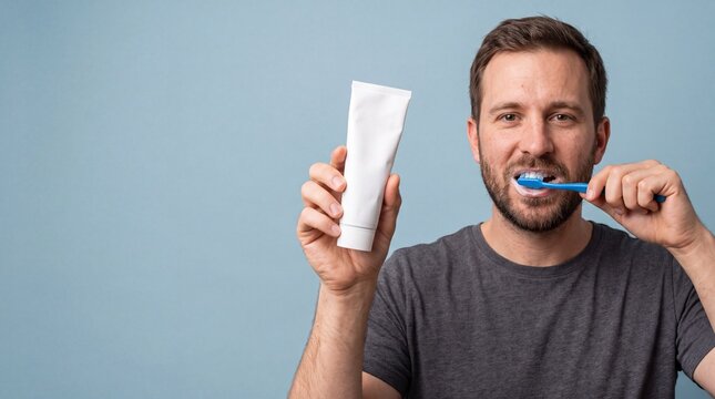 Man brushing teeth while holding blank white toothpaste tube mockup