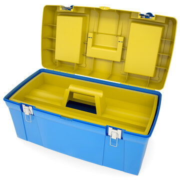 Open Blue and Yellow Plastic Toolbox Isolated on White
