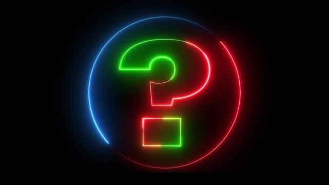 Glowing neon red green and blue color question mark sign icon animation quiz confusion mark punctuation interrogative sign education exam circle alphabet sign symbol on black background	