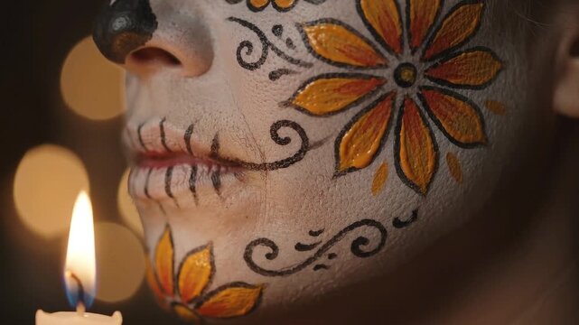 Macro closeup of intricate calavera face paint illuminated by flickering candle flame light
