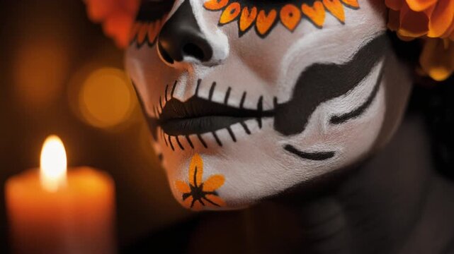 Macro closeup of intricate calavera face paint illuminated by flickering candle flame light