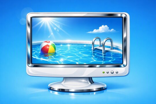 Computer monitor showing sunny swimming pool scene with beach ball and ladder for summer vacation advertisement background and web banner design