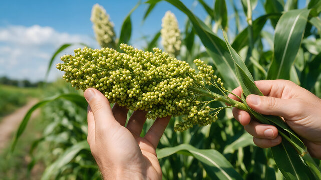 Farmer hands holding a fresh sorghum panicle in a lush green field under a clear blue sky