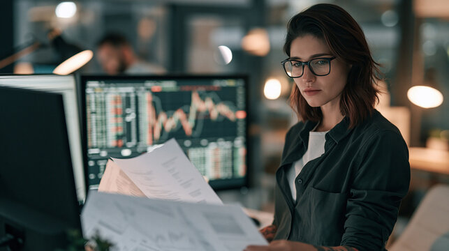 Female stockbroker preparing for an important trading day, standing beside her desk while reviewing printed financial research and a monitor with overnight market charts, modern
