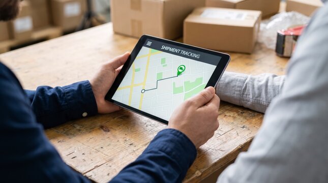 Engaged coworkers reviewing shipment tracking route together on digital tablet over wooden table
