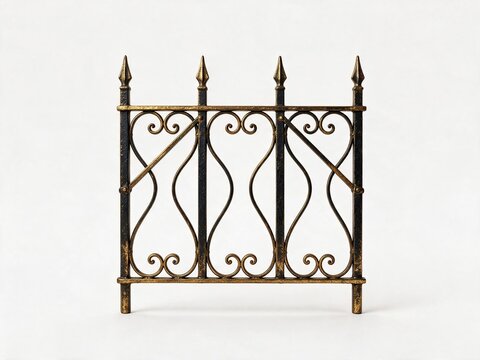 Wrought-iron graveyard fence section, isolated on a pure white background.