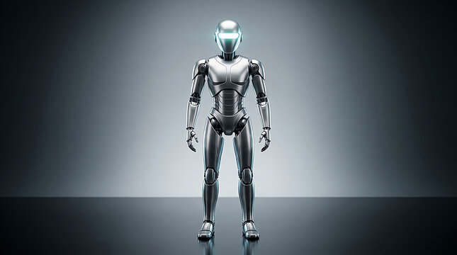 Futuristic silver robot standing in a dark studio setting with glowing blue visor light