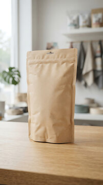 Unbranded kraft paper stand-up pouch bag with zipper closure on a wooden table isolated on a transparent background