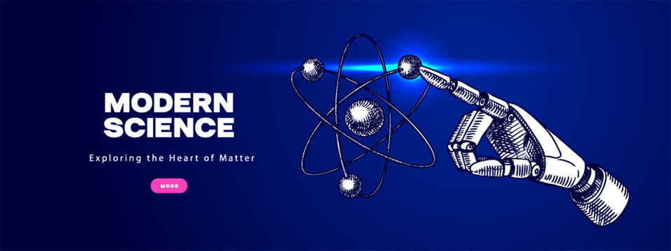 Collage of sketch robot hand. Nuclear atom or molecule symbol. Artificial intelligence, laboratory medicine science concept. Isolated vector illustration