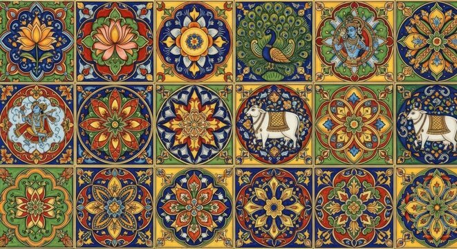 Intricate Indian Mandala Tile Art with Animals and Floral Motifs.