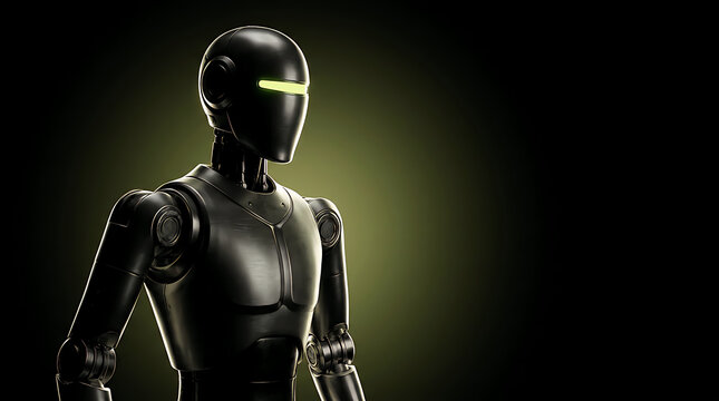 Futuristic black robot with glowing yellow eyes standing in dark room