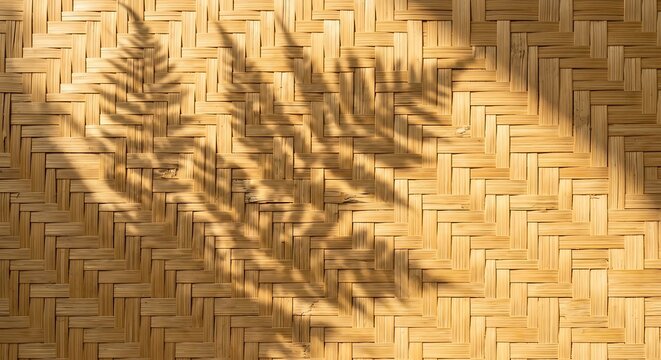 Fern leaf shadow cast on woven bamboo rattan matting texture with shadow pattern bamboo weave sunlight shadow plant shadow play natural background