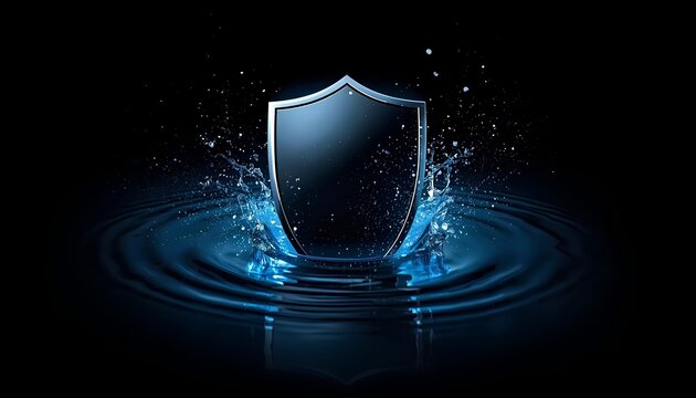 Macro shot of a sleek metallic shield absorbing an impact in dark water with glowing blue ripples