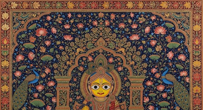 Intricate Indian Miniature Painting Depicting a Divine Figure Amidst Peacocks and Floral Motifs.