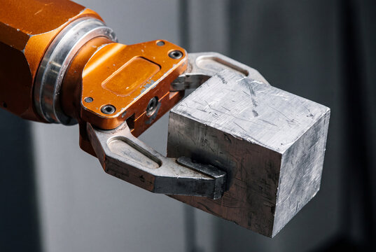 Industrial robotic gripper holding a scratched metal block up close