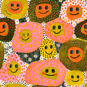 Funky Smiley Seamless Pattern with Colorful Hand Painted Faces