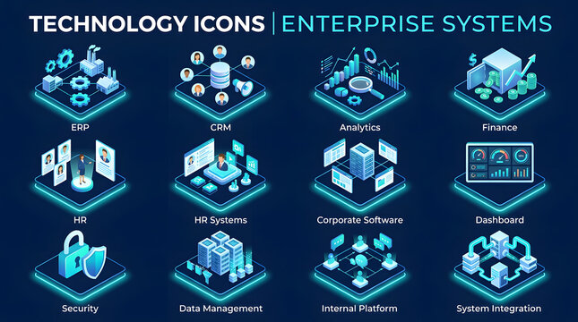 Enterprise Systems Technology Icons: A comprehensive collection of isometric vector icons representing various enterprise systems, including CRM, analytics, finance, HR, security, and data management.