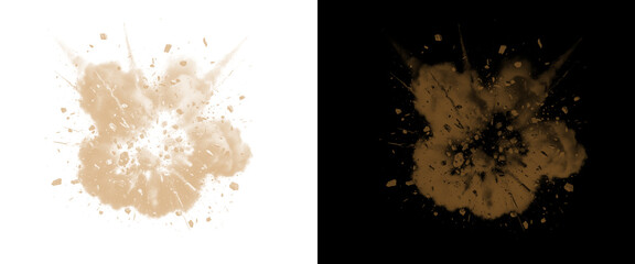 Explosion dust cloud with debris, brown smoke blast on white and black background, sand burst effect for action design © Ronju