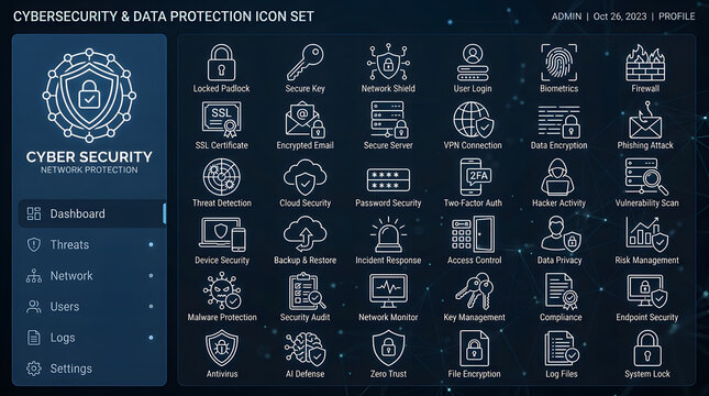 Cybersecurity and Data Protection Icon Set: A comprehensive collection of digital icons representing various aspects of cybersecurity and data protection, featuring encryption, network security.
