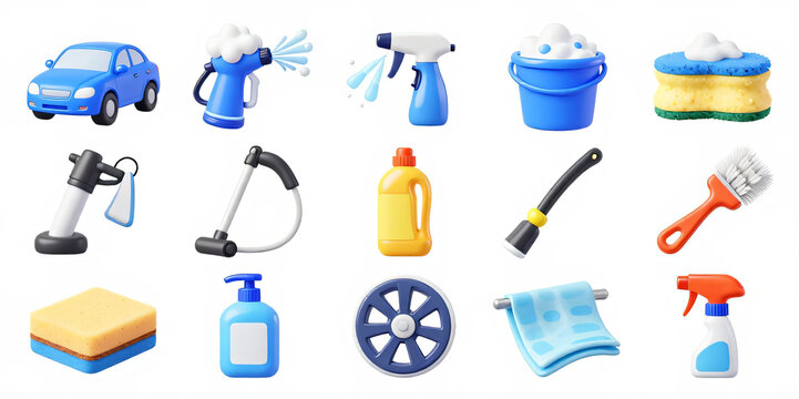 3D Car Wash and Auto Detailing Equipment Icon Set