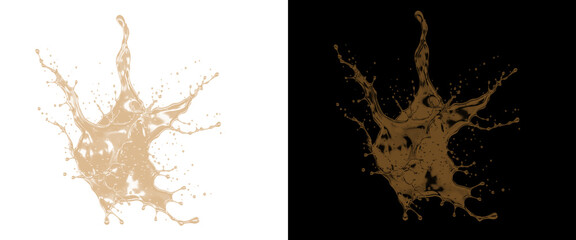 Obraz premium Metallic gold paint splash on white and black backgrounds. Liquid golden crown explosion. Luxury fluid splatter for creative design.