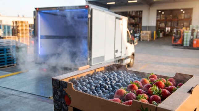 Fresh blueberries and strawberries in cardboard boxes with refrigerated delivery truck for cold chain food logistics