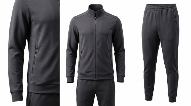 Dark grey tracksuit with zip up jacket and matching trousers on isolated background. Modern dark grey tracksuit features breathable fabric for athletic training. Stylish dark grey tracksuit for gym.