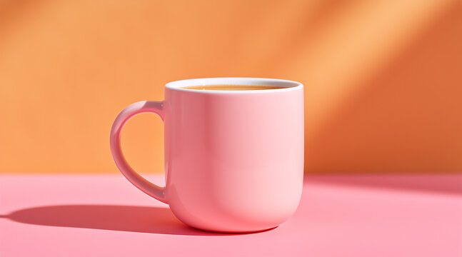 Pink coffee mug on a matching table with a peach background. Minimal morning beverage concept with strong sunlight and shadows