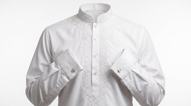 White Barong Tagalog with exquisite embroidery and cuffs. Barong Tagalog serves as classic formal wear in Philippines. Sophisticated Barong Tagalog is perfect for significant cultural events.