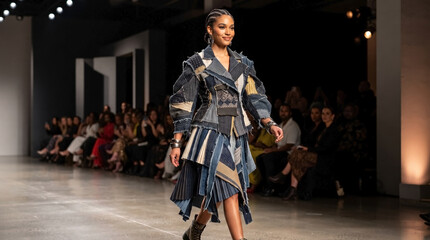 Naklejka premium Modern fashion runway show with model wearing patchwork denim outfit. Fashion runway features creative designer apparel and walking model. Stylish fashion runway concept for clothing industry news.