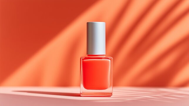 Coral red nail polish bottle with white cap. Cosmetic container on matching background with palm leaf shadows. Tropical manicure mockup
