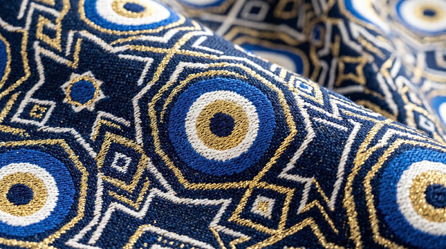 Detailed blue textile texture with embroidered evil eye symbols and golden thread. Blue textile texture shows soft velvet fibers and intricate weave. Elegant blue textile texture for luxury decor.