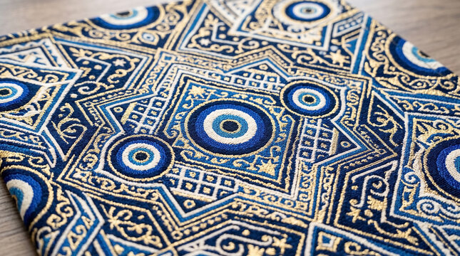 Flat nazar pattern cloth featuring intricate blue geometric shapes and gold stars. Nazar pattern cloth displays mystical eyes and cultural ornaments. Versatile nazar pattern cloth for textile art.