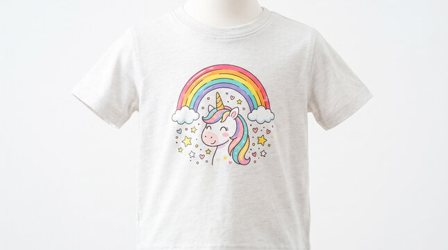 Small kids t-shirt with colorful unicorn and rainbow print on white fabric. Kids t-shirt features magical horse, bright clouds, and yellow stars. Perfect kids t-shirt for children apparel brand.