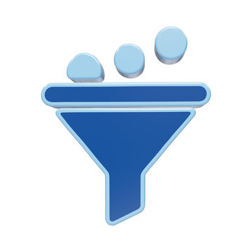 3D filter icon, a blue funnel graphic with light blue spheres, representing data filtering and sorting processes, ideal for technology and business presentations