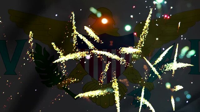 Bright colorful fireworks exploding in front of the flag of the United States Virgin Islands