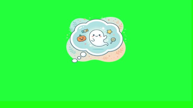 Cute ghost dreaming of Halloween candy and pumpkin on green screen 
