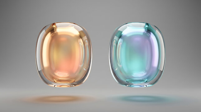 Two floating glass spheres with orange and blue iridescent colors on a smooth surface