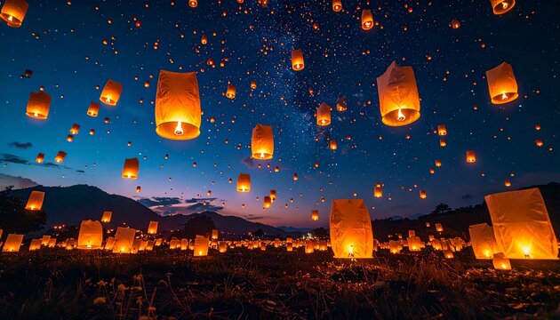満天の夜空に無数のスカイランタンが舞う幻想的な光の祭典