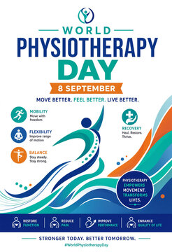 World Physiotherapy Day awareness poster design featuring abstract human figures and educational medical icons representing physical therapy health care and rehabilitation concepts
