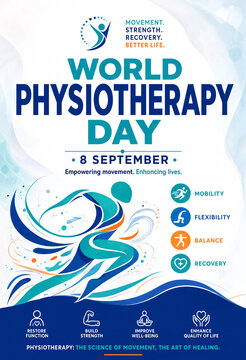 World Physiotherapy Day informational poster design featuring a stylized running person icon with icons for mobility flexibility balance and recovery health concepts