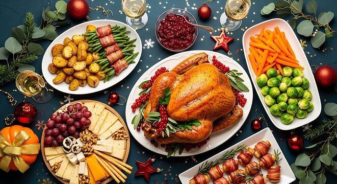 Festive christmas dinner table with roasted turkey and side dishes