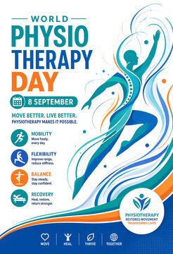 World Physiotherapy Day poster design featuring an abstract human silhouette in motion with medical icons for mobility flexibility balance and recovery