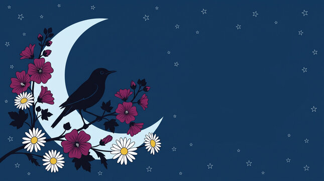 Silhouette of nightingale perched on floral branch of mallow and daisy against glowing crescent moon in starry sky. Poetic night vector banner with copy space.