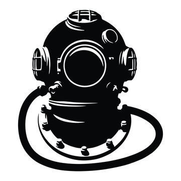Vintage deep sea diving helmet black and white graphic silhouette underwater